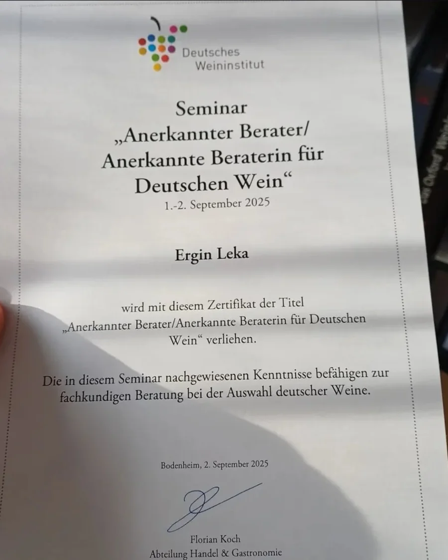 Zertifikat des Deutschen Weininstituts: Anerkannter Berater für Deutschen Wein